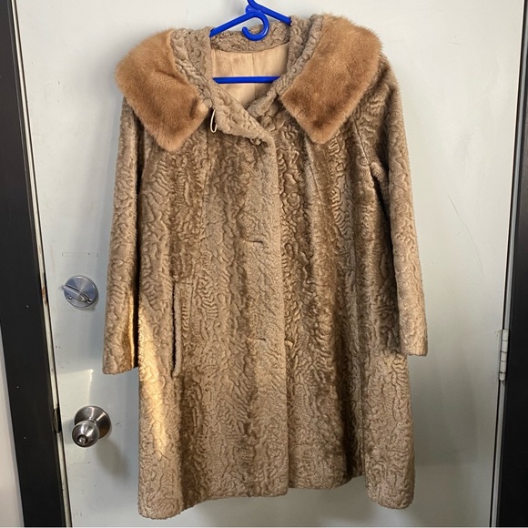 Vintage Bacara Sportowne La France Broadtail Faux Fur Coat Genuine Mink Collar - Picture 1 of 14
